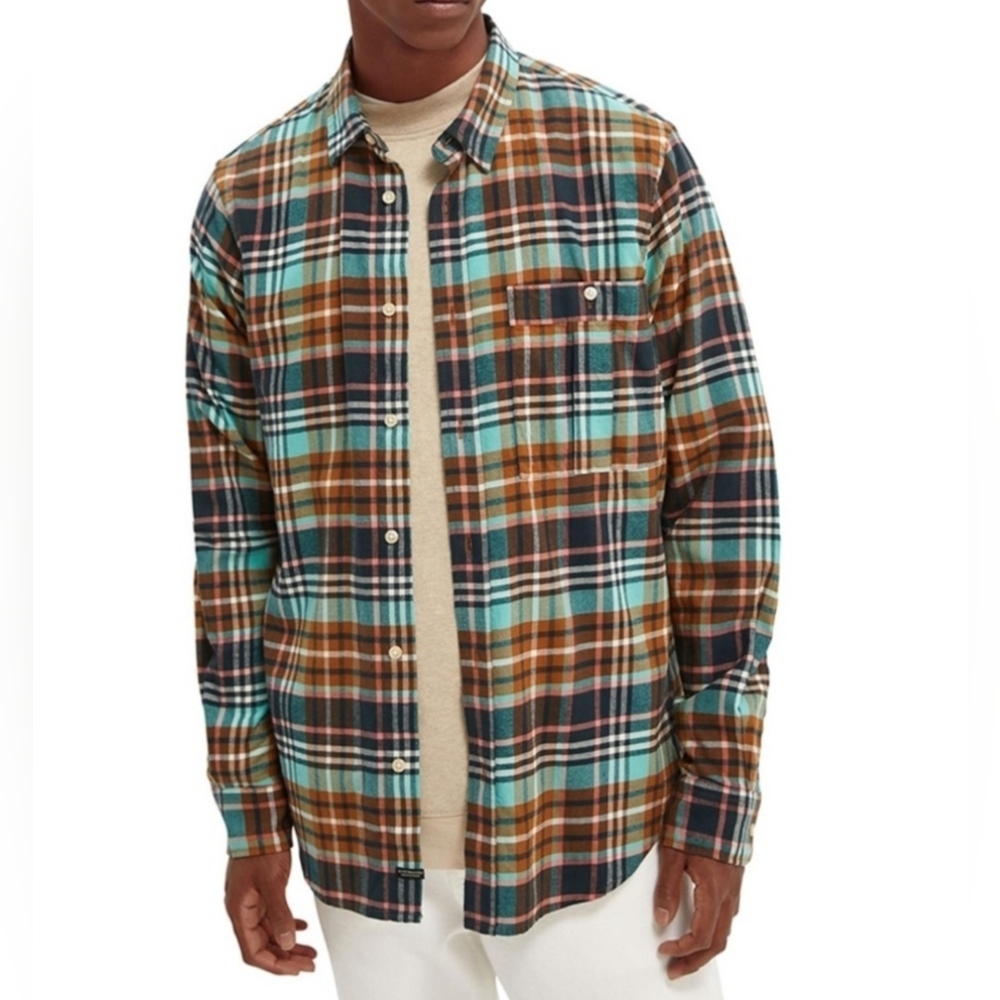 Scotch & Soda Button Up Shirt Men Medium M Long Sleeve Collar Plaid Multicolored
